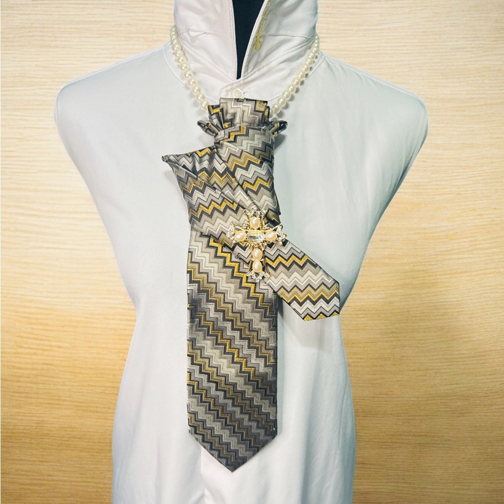 Missoni Chevron Necktie with Gold, Silver, and Black Tones Featuring Gold Cross